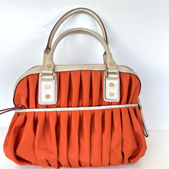MZ WALLACE Bea Bedford Pleated Orange Nylon Gold Leather Trim Shoulder Bag Tote - Picture 6 of 16